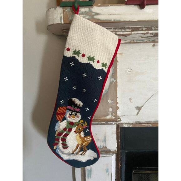 Vintage Wool Embroidered Snowman Velvet Back Christmas Stocking - Picture 1 of 7